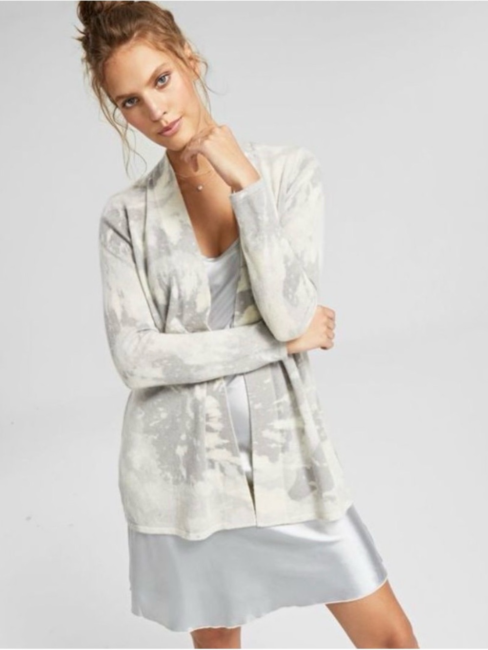 Charter Club Light Gray and Cream Tie-Dye Open Front Cardigan 100% Cashmere